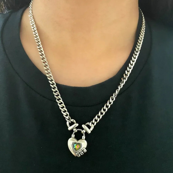 925 Sterling Silver Curb Chain Link Necklace Heart Necklace Heart Lock Chain - Picture 5 of 8